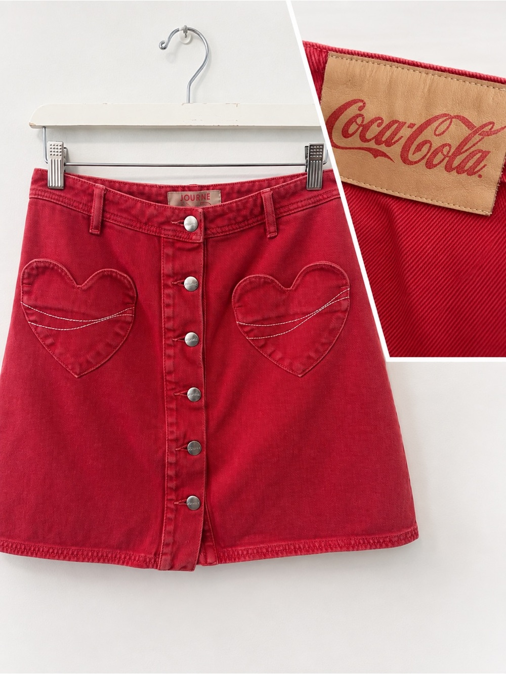 Rare 2018 Coca-Cola x JOUR/NÉ SS18 Red Denim Heart Pocket Mini Skirt Paris FW